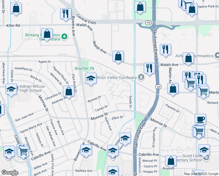map of restaurants, bars, coffee shops, grocery stores, and more near 2540 Wickham Place in Santa Clara