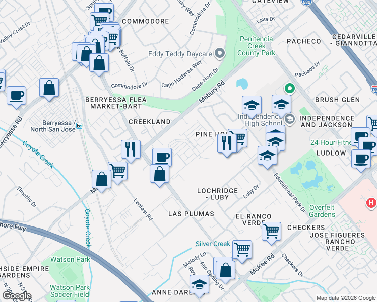 map of restaurants, bars, coffee shops, grocery stores, and more near 1882 Slate Place in San Jose