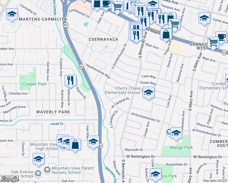 map of restaurants, bars, coffee shops, grocery stores, and more near 902 Tanager Court in Sunnyvale