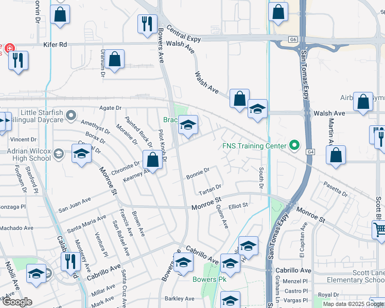 map of restaurants, bars, coffee shops, grocery stores, and more near 2700 Chromite Drive in Santa Clara