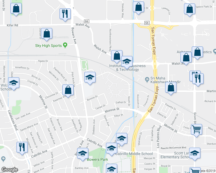 map of restaurants, bars, coffee shops, grocery stores, and more near 2540 Wickham Place in Santa Clara