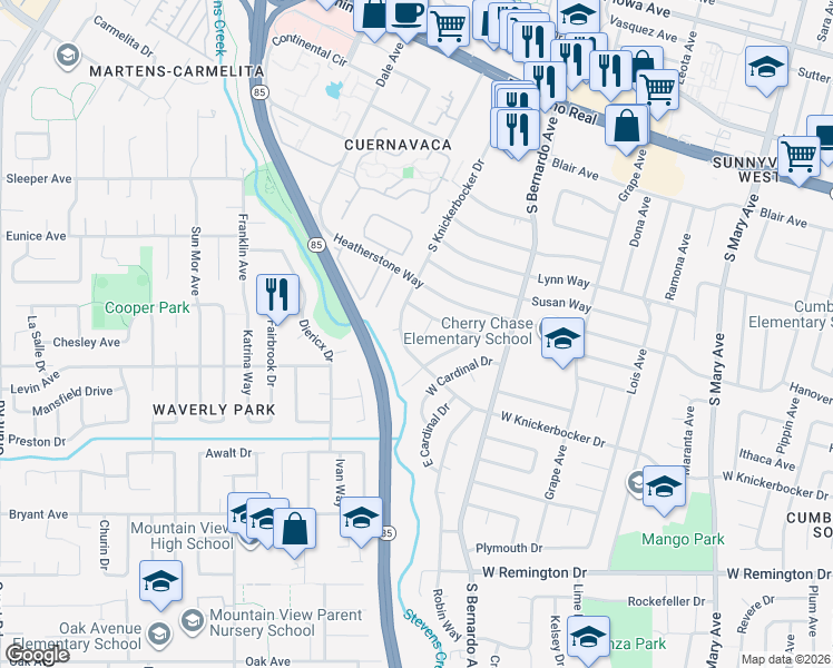 map of restaurants, bars, coffee shops, grocery stores, and more near 904 Tanager Court in Sunnyvale
