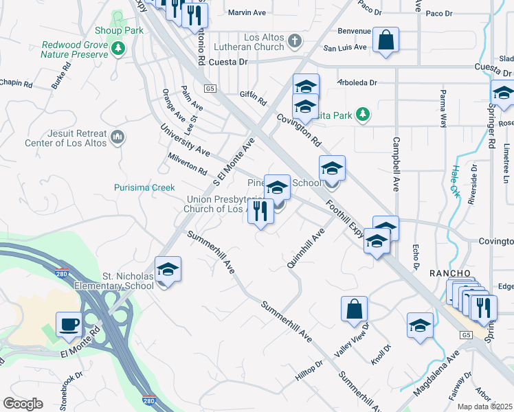 map of restaurants, bars, coffee shops, grocery stores, and more near 850 Nash Road in Los Altos