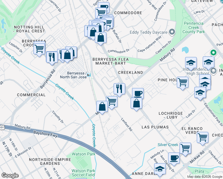 map of restaurants, bars, coffee shops, grocery stores, and more near 1676 Pala Ranch Circle in San Jose