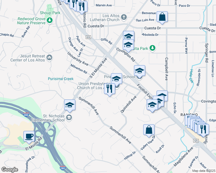 map of restaurants, bars, coffee shops, grocery stores, and more near 850 Nash Road in Los Altos