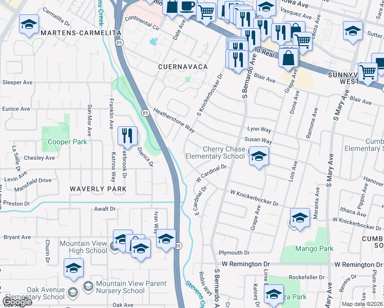 map of restaurants, bars, coffee shops, grocery stores, and more near 904 Tanager Court in Sunnyvale
