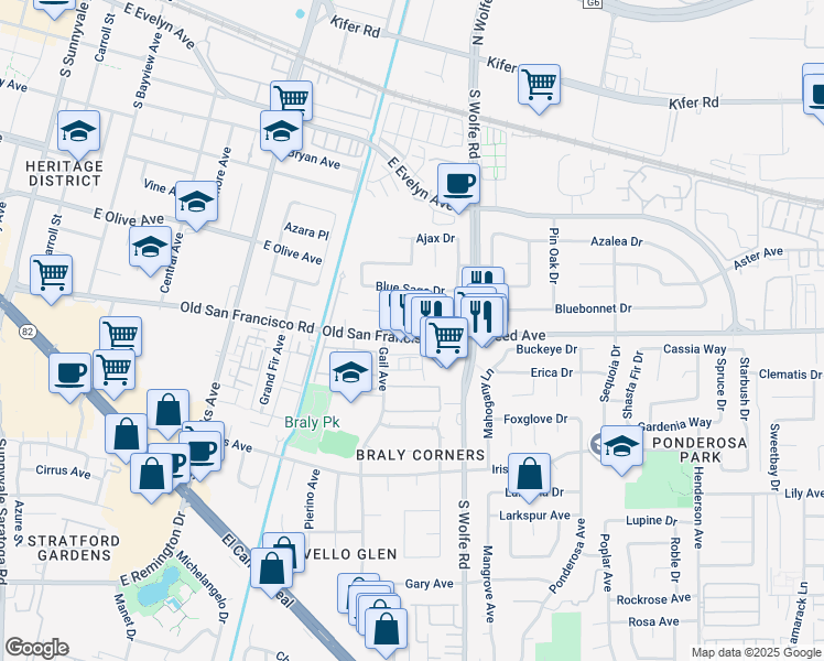 map of restaurants, bars, coffee shops, grocery stores, and more near 878 Old San Francisco Road in Sunnyvale