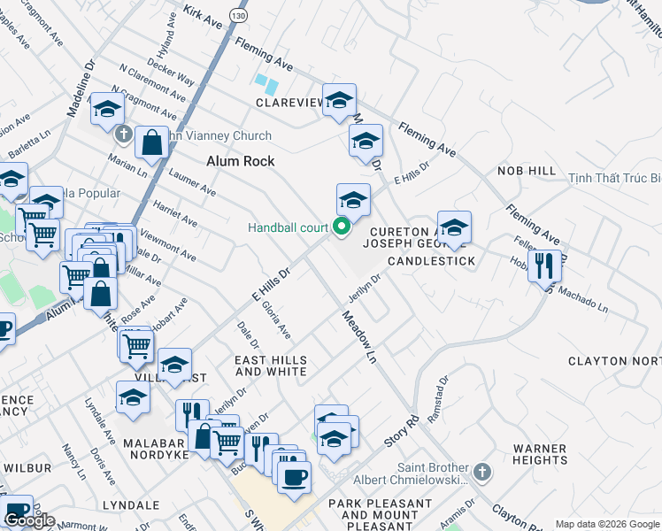 map of restaurants, bars, coffee shops, grocery stores, and more near in San Jose