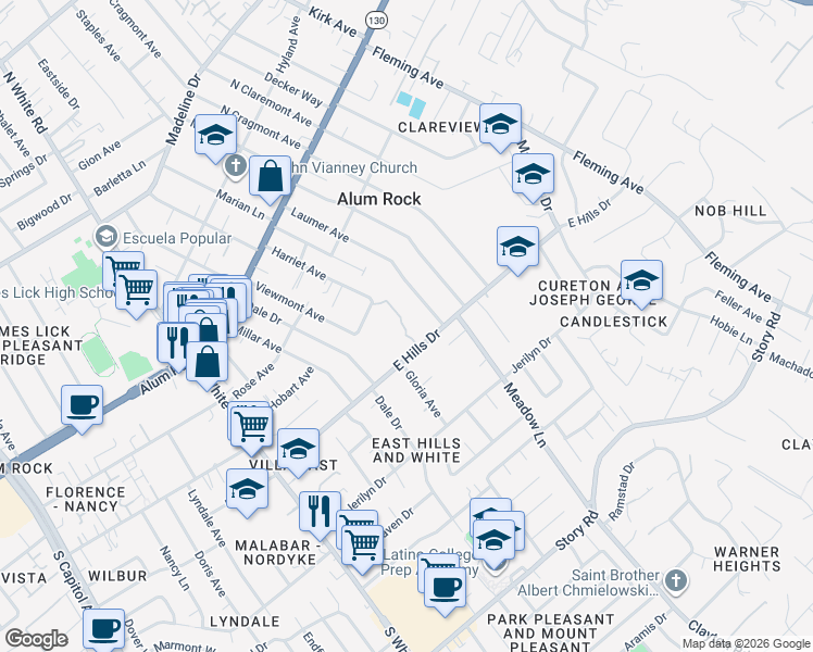 map of restaurants, bars, coffee shops, grocery stores, and more near 3485 East Hills Drive in San Jose