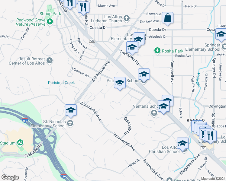 map of restaurants, bars, coffee shops, grocery stores, and more near 848 Nash Road in Los Altos