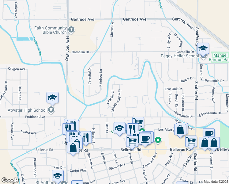 map of restaurants, bars, coffee shops, grocery stores, and more near 3110 Chablis Lane in Atwater
