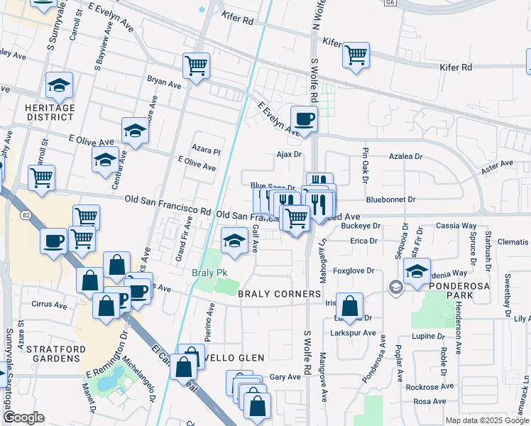 map of restaurants, bars, coffee shops, grocery stores, and more near 731 Old San Francisco Road in Sunnyvale