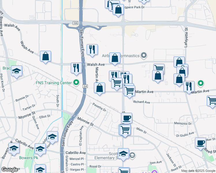 map of restaurants, bars, coffee shops, grocery stores, and more near 2163 Martin Avenue in Santa Clara