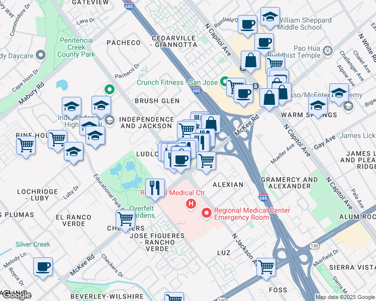 map of restaurants, bars, coffee shops, grocery stores, and more near 2323 McKee Road in San Jose
