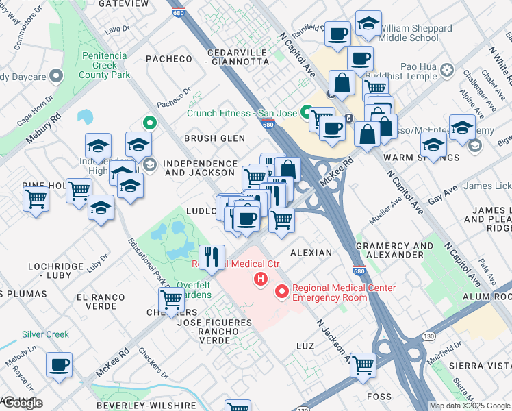 map of restaurants, bars, coffee shops, grocery stores, and more near 2343 McKee Road in San Jose