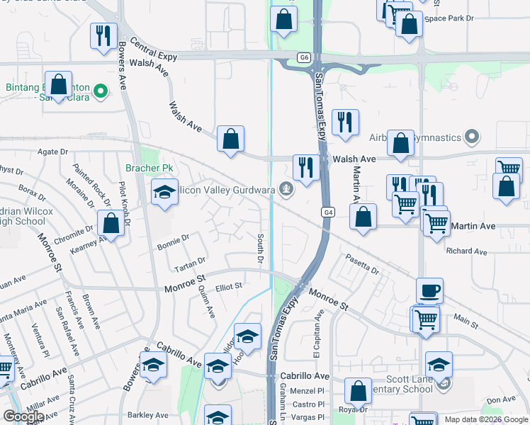 map of restaurants, bars, coffee shops, grocery stores, and more near 2407 South Park Lane in Santa Clara