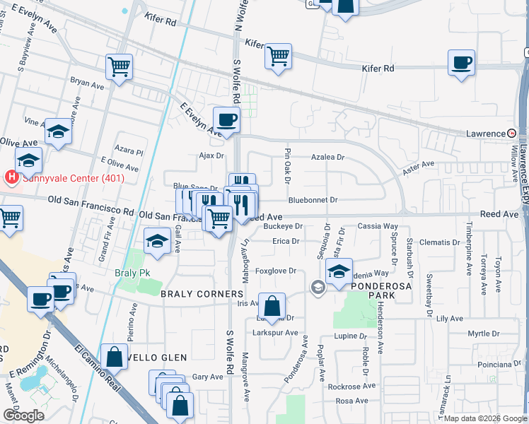 map of restaurants, bars, coffee shops, grocery stores, and more near 947 Buckeye Drive in Sunnyvale