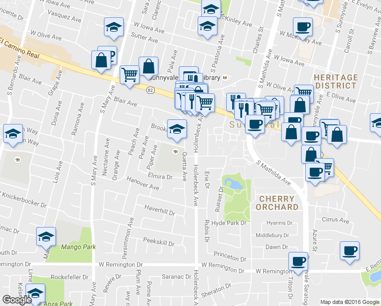 map of restaurants, bars, coffee shops, grocery stores, and more near in Sunnyvale