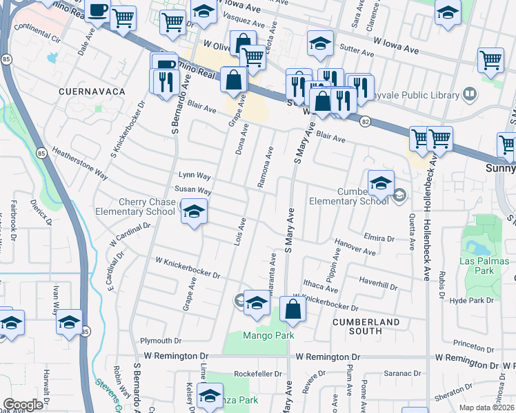 map of restaurants, bars, coffee shops, grocery stores, and more near 844 Mango Avenue in Sunnyvale