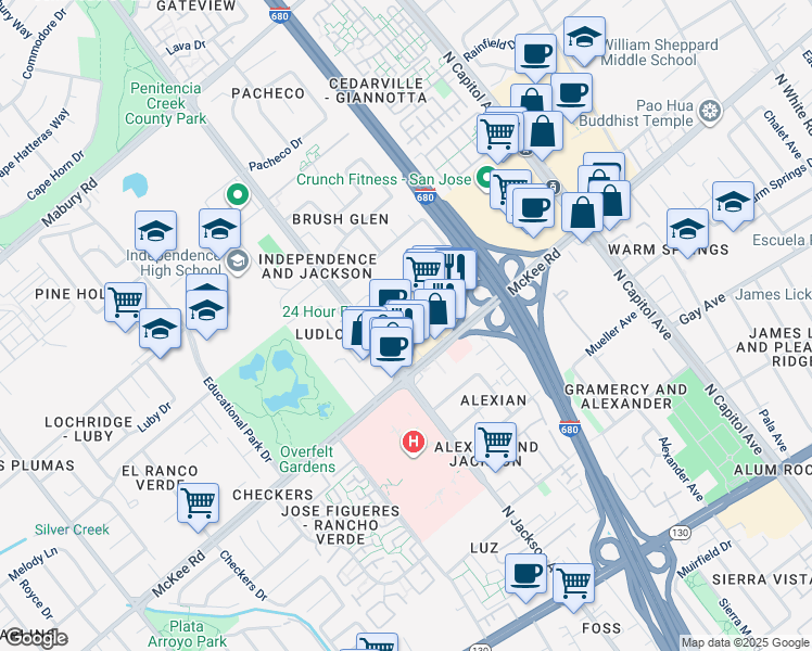 map of restaurants, bars, coffee shops, grocery stores, and more near 2323 McKee Road in San Jose