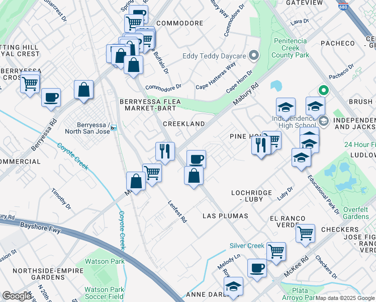 map of restaurants, bars, coffee shops, grocery stores, and more near 12280 Mabury Road in San Jose