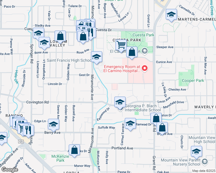 map of restaurants, bars, coffee shops, grocery stores, and more near 1051 Alegre Avenue in Los Altos