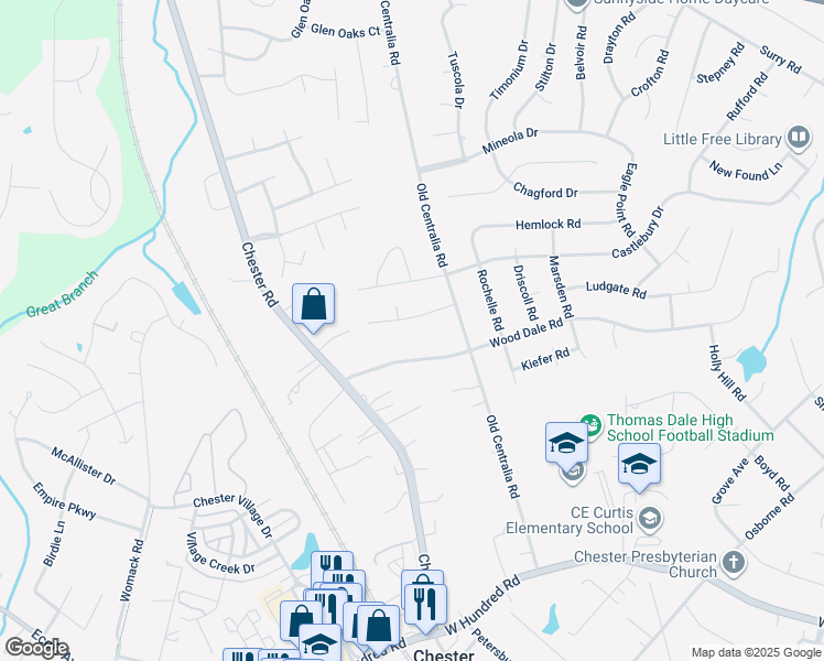 map of restaurants, bars, coffee shops, grocery stores, and more near 3813 Terjo Lane in Chester