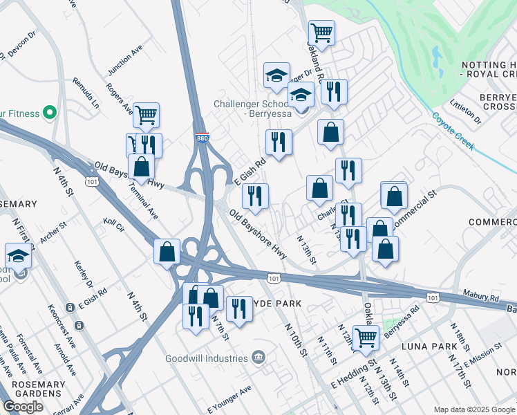 map of restaurants, bars, coffee shops, grocery stores, and more near 1390 Old Bayshore Highway in San Jose