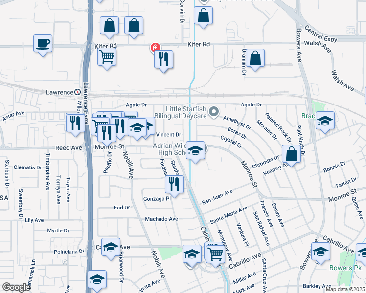 map of restaurants, bars, coffee shops, grocery stores, and more near 3348 Monroe Street in Santa Clara