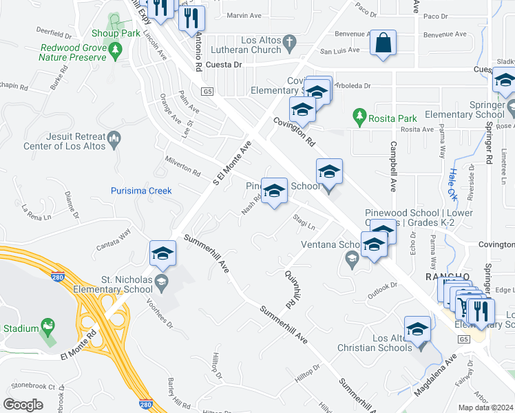 map of restaurants, bars, coffee shops, grocery stores, and more near 848 Nash Road in Los Altos