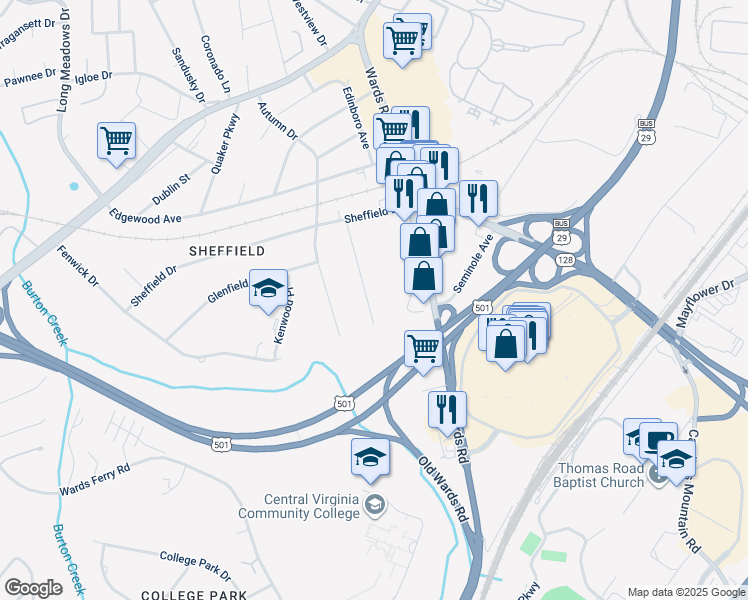 map of restaurants, bars, coffee shops, grocery stores, and more near 118 Middleboro Place in Lynchburg