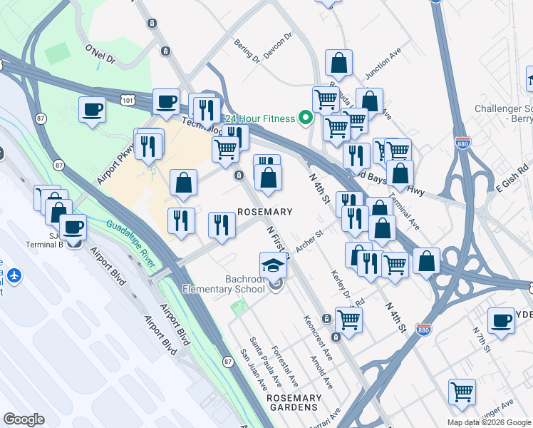 map of restaurants, bars, coffee shops, grocery stores, and more near N 1st St & Skyport Dr in San Jose