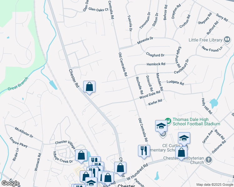 map of restaurants, bars, coffee shops, grocery stores, and more near 3813 Terjo Lane in Chester