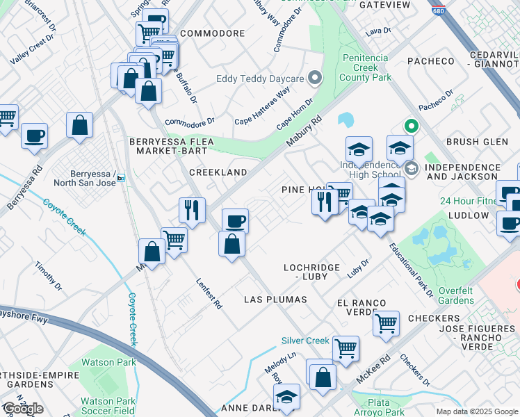 map of restaurants, bars, coffee shops, grocery stores, and more near 1816 Slate Place in San Jose