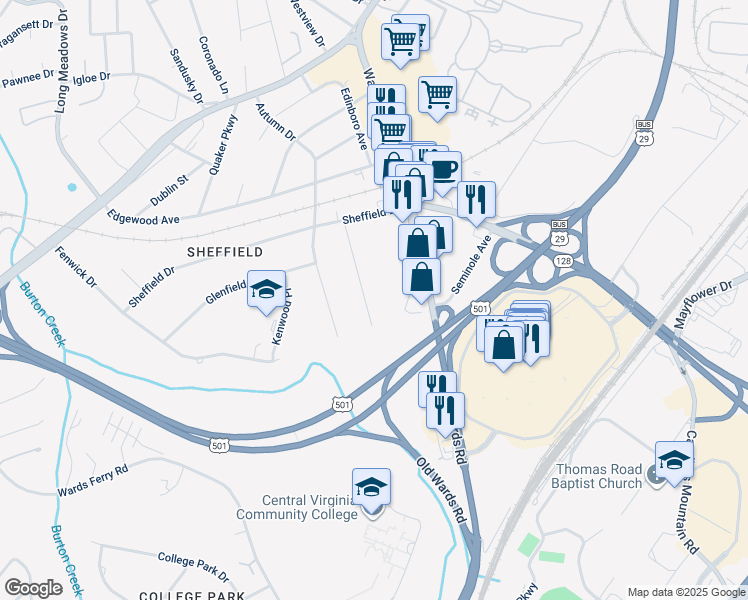 map of restaurants, bars, coffee shops, grocery stores, and more near 118 Middleboro Place in Lynchburg