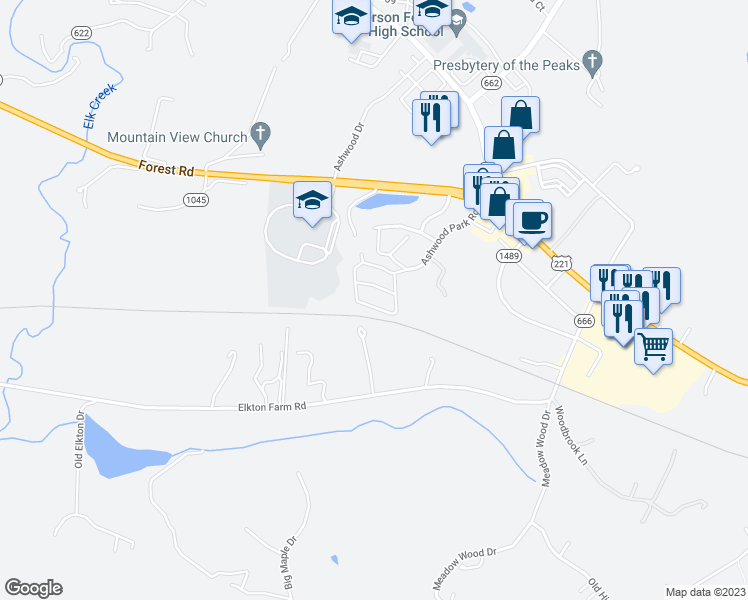 map of restaurants, bars, coffee shops, grocery stores, and more near 1214 Blue Ridge View Circle in Forest