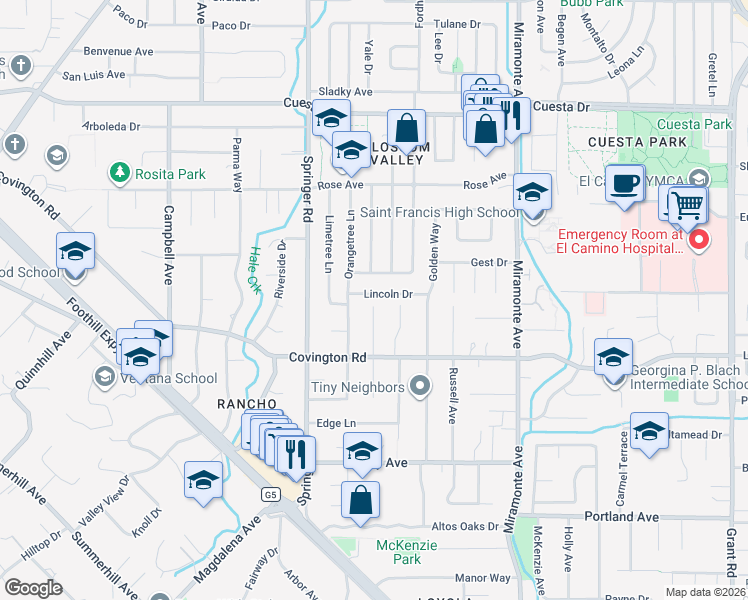 map of restaurants, bars, coffee shops, grocery stores, and more near 1141 Lincoln Drive in Mountain View