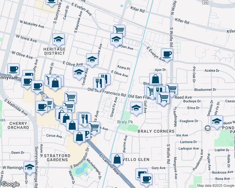 map of restaurants, bars, coffee shops, grocery stores, and more near Old San Francisco Rd & Grand Fir Ave in Sunnyvale