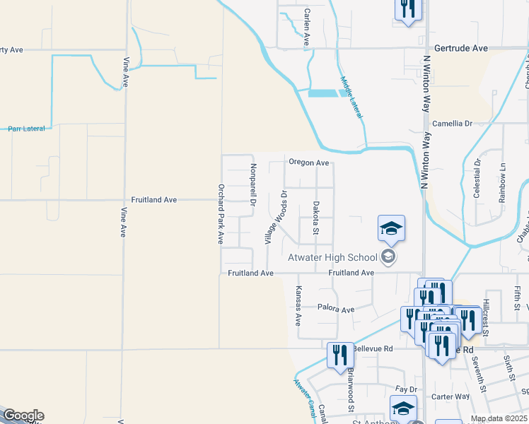 map of restaurants, bars, coffee shops, grocery stores, and more near 3337 Stacey Court in Atwater