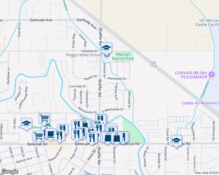 map of restaurants, bars, coffee shops, grocery stores, and more near 205 Clipper Court in Atwater