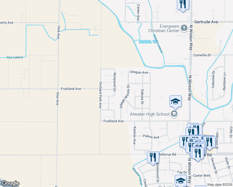 map of restaurants, bars, coffee shops, grocery stores, and more near 2703 Emerald Court in Atwater