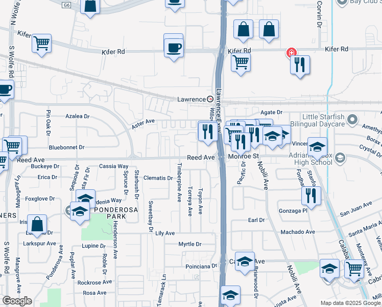map of restaurants, bars, coffee shops, grocery stores, and more near 1144 Reed Avenue in Sunnyvale