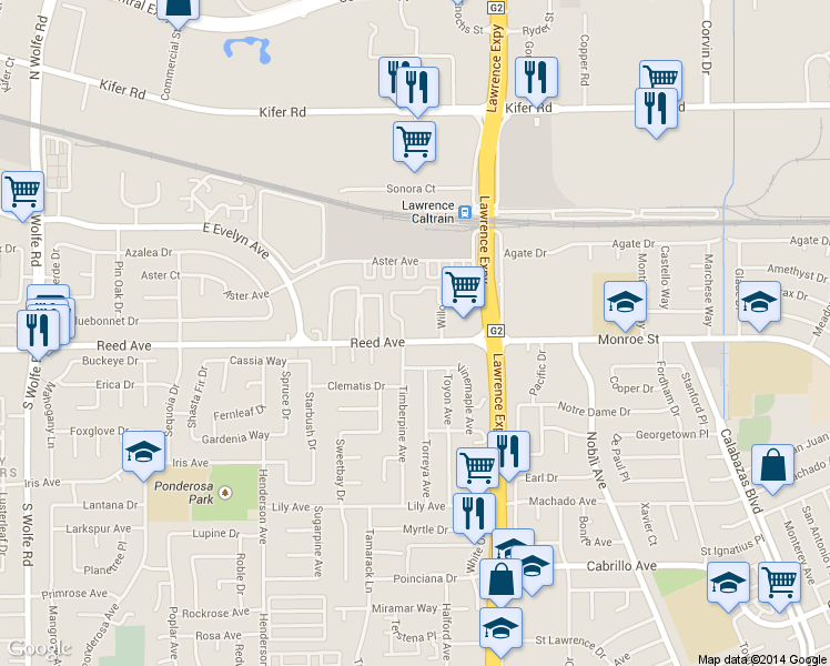 map of restaurants, bars, coffee shops, grocery stores, and more near 1102 Reed Avenue in Sunnyvale