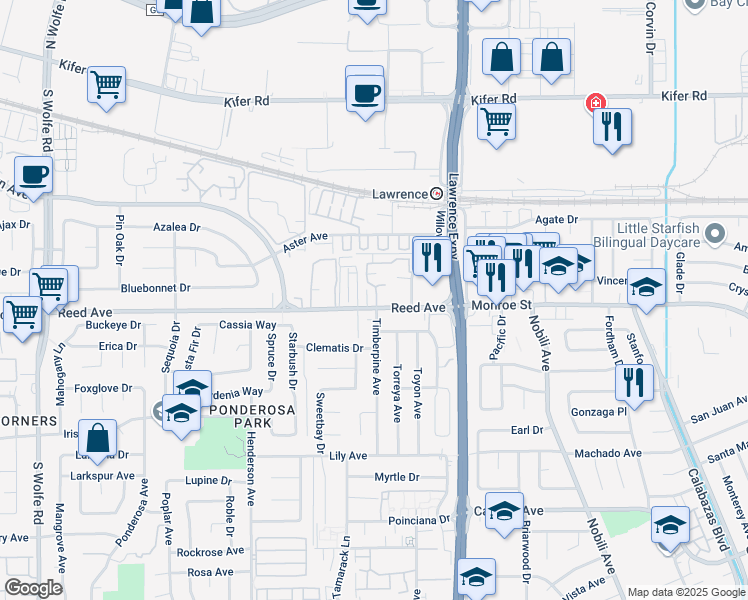 map of restaurants, bars, coffee shops, grocery stores, and more near 1102 Reed Avenue in Sunnyvale