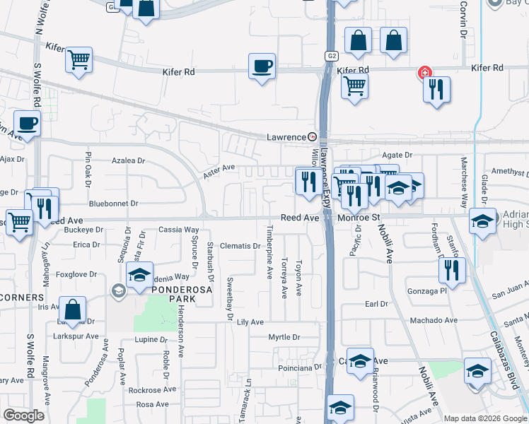 map of restaurants, bars, coffee shops, grocery stores, and more near 1102 Reed Avenue in Sunnyvale