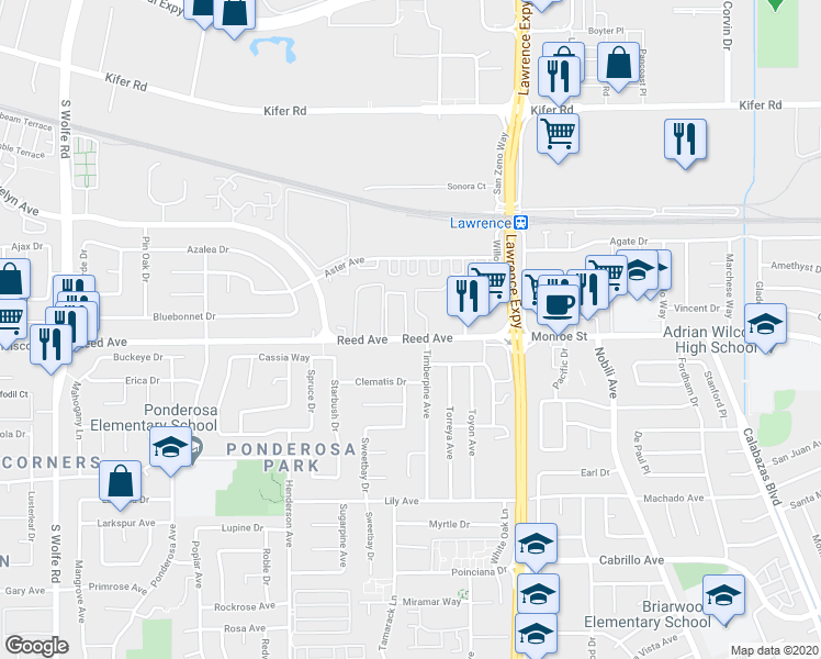 map of restaurants, bars, coffee shops, grocery stores, and more near 1072 Reed Avenue in Sunnyvale