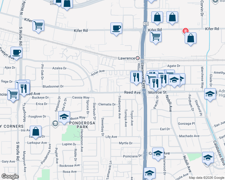 map of restaurants, bars, coffee shops, grocery stores, and more near 1072 Reed Avenue in Sunnyvale