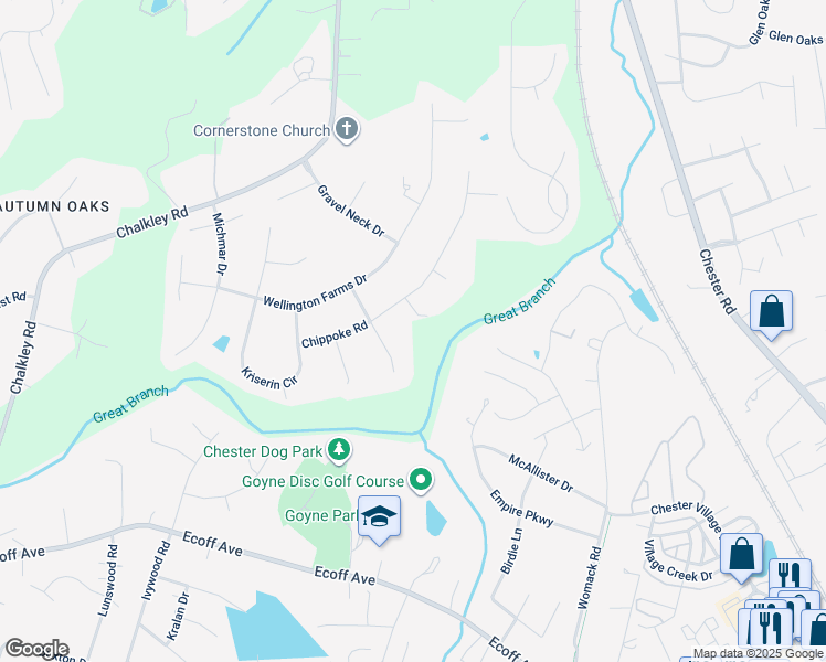 map of restaurants, bars, coffee shops, grocery stores, and more near 11013 Chippoke Place in Chester