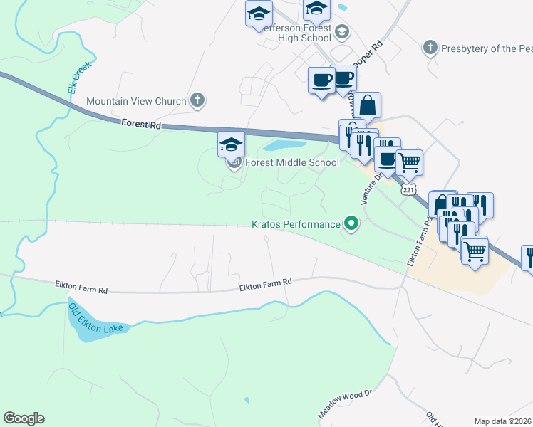 map of restaurants, bars, coffee shops, grocery stores, and more near 1178 Blue Ridge View Circle in Forest