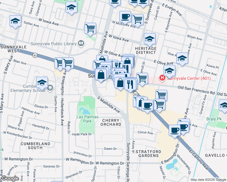 map of restaurants, bars, coffee shops, grocery stores, and more near 250 West El Camino Real in Sunnyvale